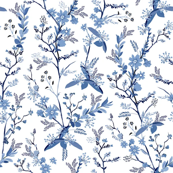 Mooie Monotone Hand Getekende Botanische Bloemen Blauwe Schaduw Naadloos Patroon — Stockvector