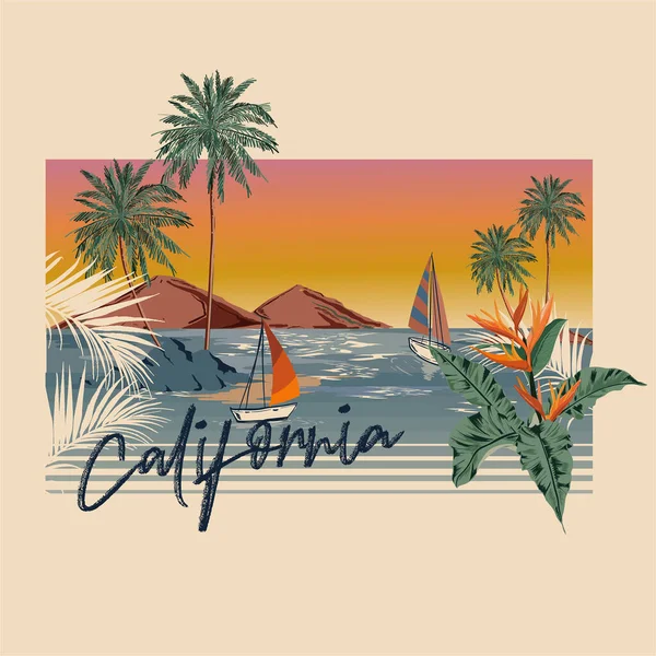 Palmiye ağaçları ve ada tatilleri plajlı klasik California tipografisi, moda, tişört, grafik tişört tasarımı, Teaxtile, kart, pankart ve tüm grafik türleri.