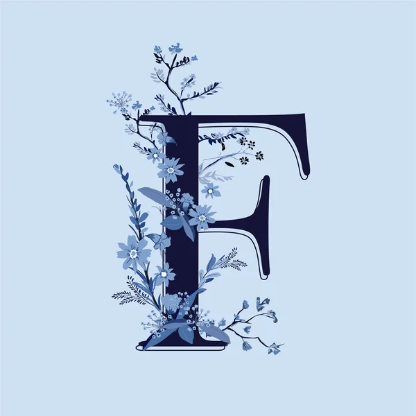 Alphabet Modern Font Made Hand Drawn Monotone Blue Flowers Vector — Vetor de Stock