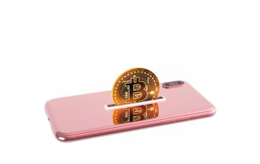 online işlem için piggy banka olarak beyaz arka plan cep telefonu cep telefonu ekranında bitcoin. 3d illüstrasyon