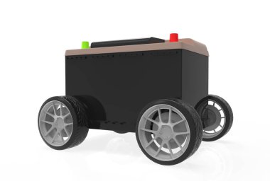 beyaz arka plan üzerinde tekerlekler üzerinde araba aküsü. 3d illüstrasyon