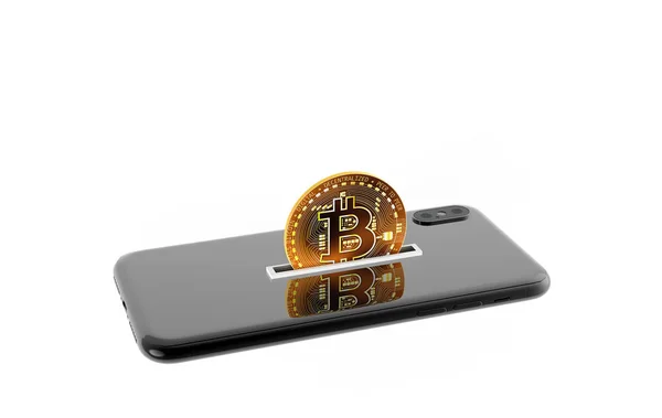 Bitcoin Mobiltelefonskärm Vit Bakgrund Mobiltelefon Som Sparbössor För Online Transaktion — Stockfoto