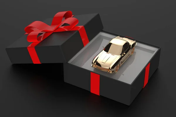 Car in box and ribbon gift on black background. 3d illustration