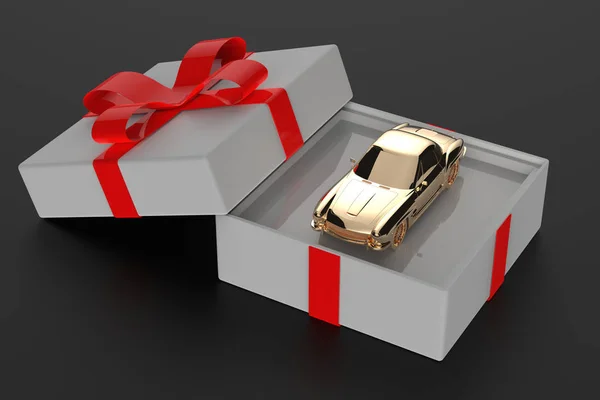 黑色背景的盒装汽车和彩带礼物 3D说明 — 图库照片