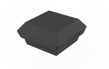 Hamburger için boş yiyecek paketi, beyaz arka planda öğle yemeği fast food ürün paketi. 3d illüstrasyon