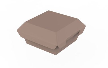 Hamburger için boş yiyecek paketi, beyaz arka planda öğle yemeği fast food ürün paketi. 3d illüstrasyon