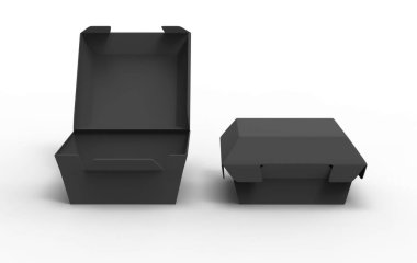 Hamburger için boş yiyecek paketi, beyaz arka planda öğle yemeği fast food ürün paketi. 3d illüstrasyon