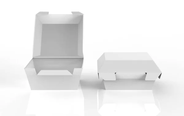 汉堡包空白食品盒包装 午餐快餐三明治产品包装白色背景 3D说明 — 图库照片