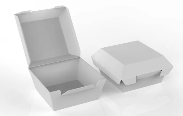 汉堡包空白食品盒包装 午餐快餐三明治产品包装白色背景 3D说明 — 图库照片