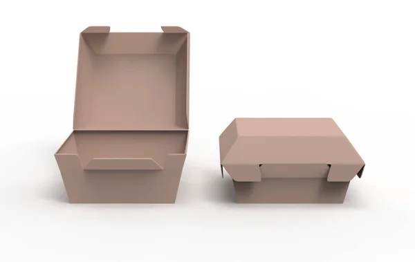 Hamburger için boş yiyecek paketi, beyaz arka planda öğle yemeği fast food ürün paketi. 3d illüstrasyon