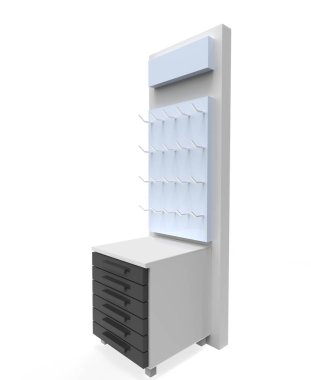 telefon aksesuar ekran standı, perakende standı ürün için kanca ile, ekran beyaz arka planda izole duruyor. 3d illüstrasyon