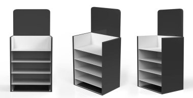 Ekran standı, ürünler için perakende satış standı, beyaz arkaplanda izole edilmiş ekran duruyor. 3d illüstrasyon