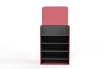 Ekran standı, ürünler için perakende satış standı, beyaz arkaplanda izole edilmiş ekran duruyor. 3d illüstrasyon