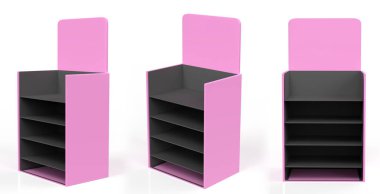 Ekran standı, ürünler için perakende satış standı, beyaz arkaplanda izole edilmiş ekran duruyor. 3d illüstrasyon