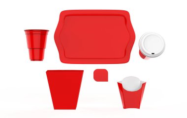 Fast food karton sofra takımı maket şablonu şablonları ve kağıt bardaklar için boş hamburger seti. 3d illüstrasyon