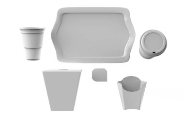 Fast food karton sofra takımı maket şablonu şablonları ve kağıt bardaklar için boş hamburger seti. 3d illüstrasyon