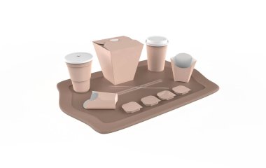 Fast food karton sofra takımı maket şablonu şablonları ve kağıt bardaklar için boş hamburger seti. 3d illüstrasyon