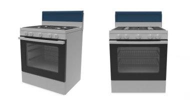 Paslanmaz Çelik 4-Burners Gas Cooking Range. 3d illüstrasyon 