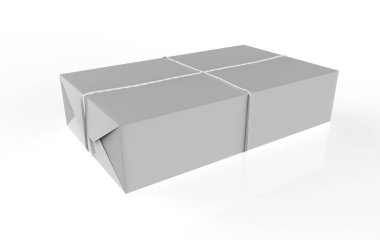 Gift box wrapped in craft paper with white thread isolated background. 3d illustration 