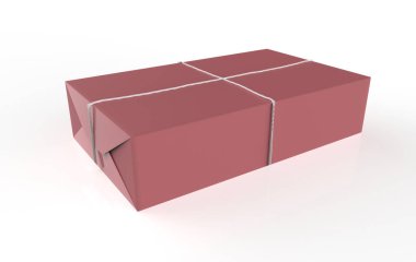 Gift box wrapped in craft paper with white thread isolated background. 3d illustration 