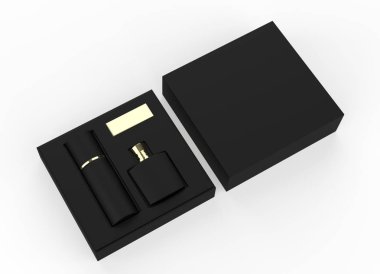 Kare sert kutulu parfüm şişesi ve deodorant beyaz arka planda izole edilmiş şablonu taklit ediyor. 3d illüstrasyon