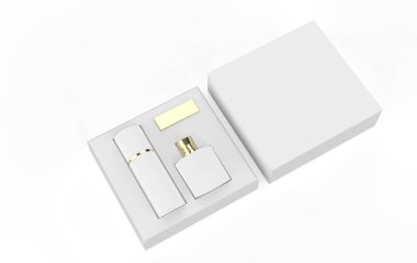 Kare sert kutulu parfüm şişesi ve deodorant beyaz arka planda izole edilmiş şablonu taklit ediyor. 3d illüstrasyon