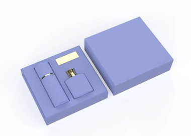 Kare sert kutulu parfüm şişesi ve deodorant beyaz arka planda izole edilmiş şablonu taklit ediyor. 3d illüstrasyon