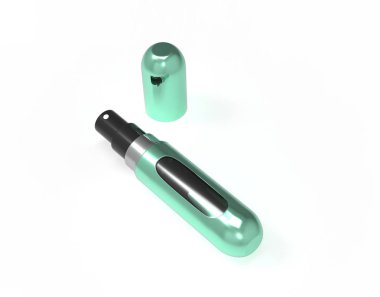 Parfüm atomları koku için gerçekçi sprey kılıfları çizer. Beyaz arka planda izole edilmiş açık ambalaj. 3d illüstrasyon