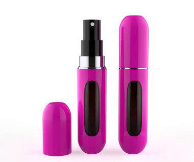 Parfüm atomları koku için gerçekçi sprey kılıfları çizer. Beyaz arka planda izole edilmiş açık ambalaj. 3d illüstrasyon