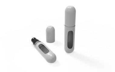 Perfume atomizers template realistic spray case for fragrance.open packaging on isolated background. 3d illustartion