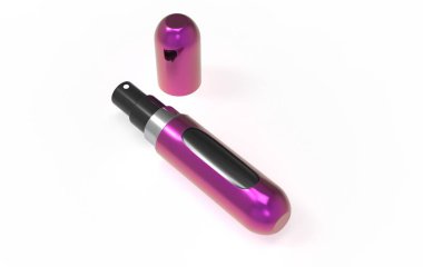 Parfüm atomları koku için gerçekçi sprey kılıfları çizer. Beyaz arka planda izole edilmiş açık ambalaj. 3d illüstrasyon