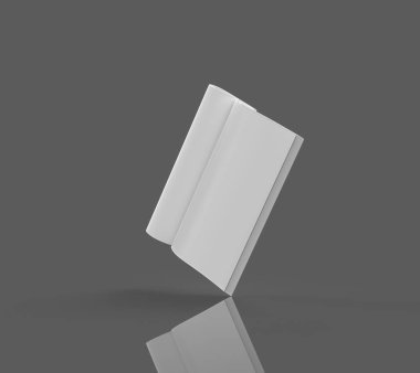 Siyah arka planda beyaz sayfaları olan bir dergi. Boş kitap, katalog ya da katlanmış çarşaflı broşür. 3d illüstrasyon