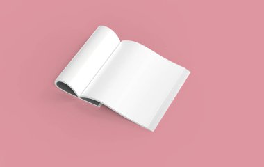 Pembe şeftali arka planda, sarılmış beyaz kağıt sayfaları olan dergi. Boş kitap, katalog ya da katlanmış çarşaflı broşür. 3d illüstrasyon