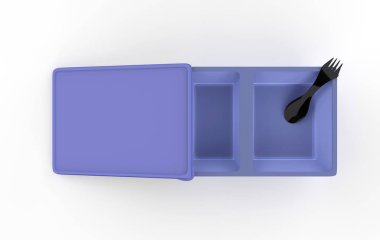 Yanında kaşık olan plastik yemek kabını aç. 3d illüstrasyon