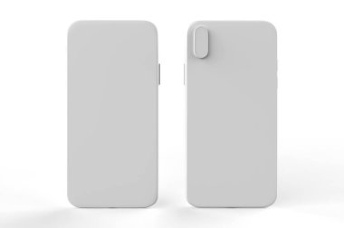Akıllı telefon ön ve arka taraftaki yüz yüze alay eder. Tasarımınız için boş ekran. Beyaz arka planda izole edilmiş. 3d illüstrasyon
