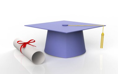 Beyaz arka planda izole edilmiş altın püsküllü mezuniyet şapkası. 3d illüstrasyon