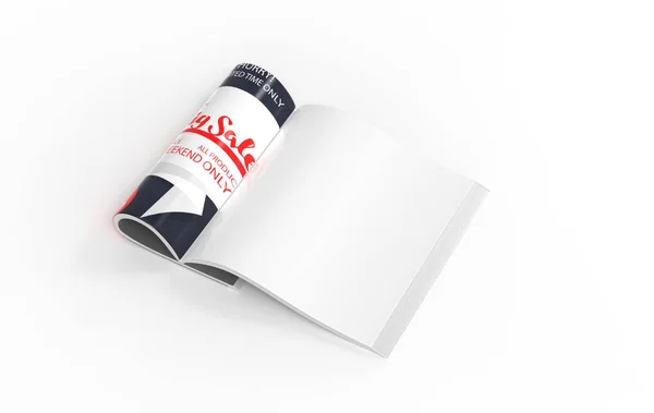 Revista Com Páginas Papel Branco Enroladas Isoladas Fundo Branco Livro — Fotografia de Stock