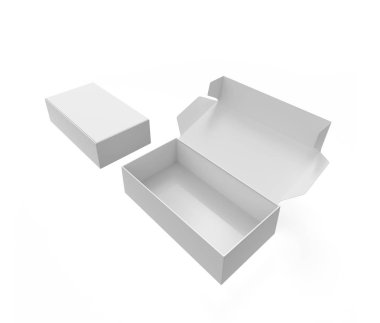 Markalaşma ve reklam için açık ve kapalı karton paketler. 3d illüstrasyon