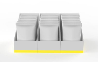 Beyaz arka planda Metalik Sachets Mockup kutusu. 3d illüstrasyon