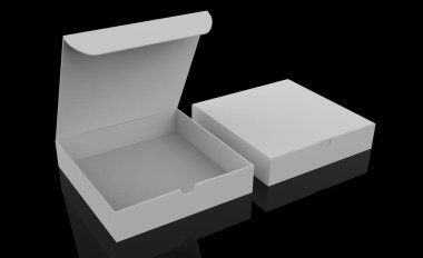 Markalaşma ve reklam için açık ve kapalı karton paketler. 3d illüstrasyon