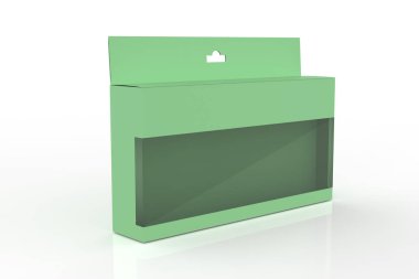 Beyaz arkaplanda şeffaf pencereli kutu. 3d illüstrasyon 