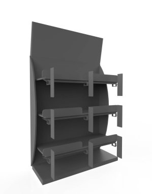 Ekran standı, ürünler için perakende satış standı, beyaz arkaplanda izole edilmiş ekran duruyor. 3d illüstrasyon