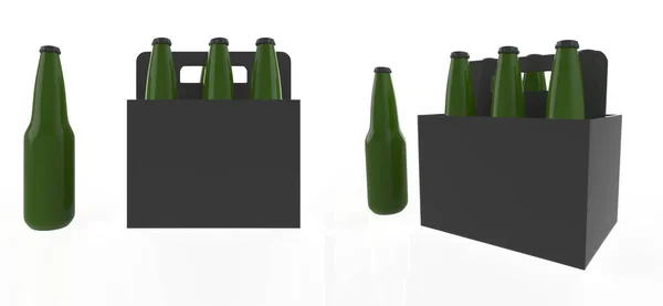 Glass Beer Bottles Black Box White Background Illustration — Stock Photo, Image