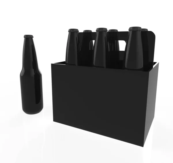 Botellas Cerveza Vidrio Caja Negra Sobre Fondo Blanco Ilustración — Foto de Stock