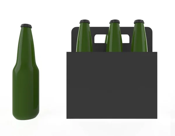 Botellas Cerveza Vidrio Caja Negra Sobre Fondo Blanco Ilustración — Foto de Stock
