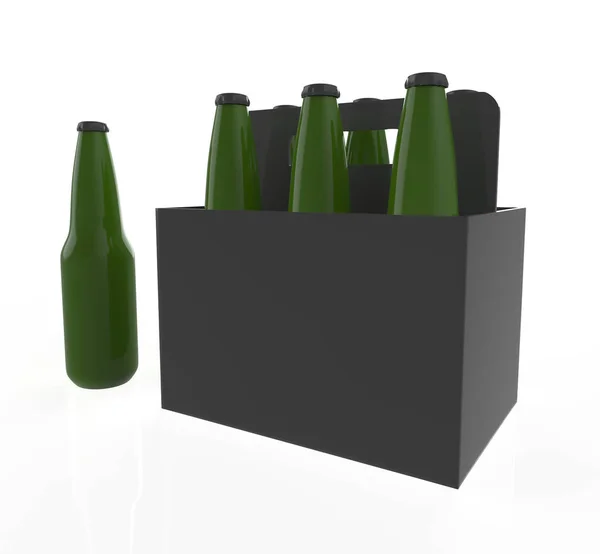 Γυάλινα Μπουκάλια Μπύρας Μαύρο Κουτί Λευκό Φόντο Εικονογράφηση — Φωτογραφία Αρχείου