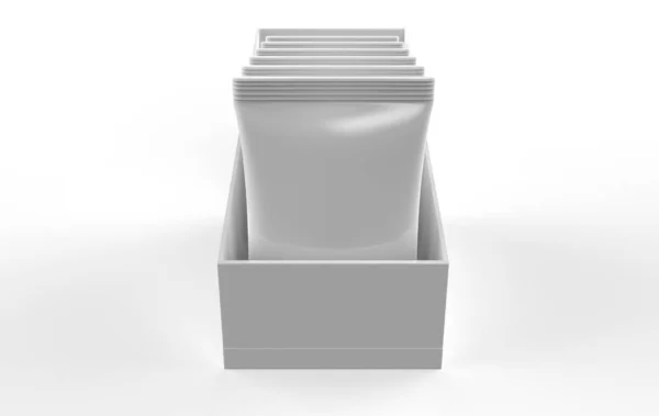 Pudełko Saszetkami Metalowymi Mockup Białym Tle Ilustracja — Zdjęcie stockowe