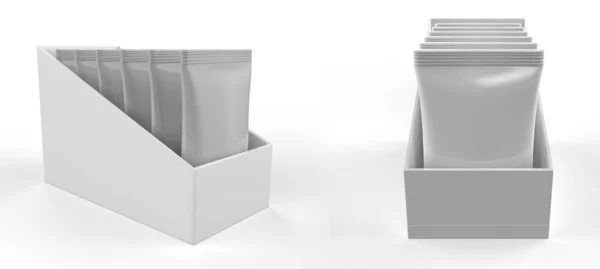 Beyaz arka planda Metalik Sachets Mockup kutusu. 3d illüstrasyon