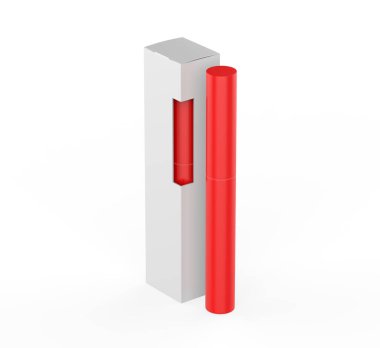 Beyaz arka planda paket kutusu olan özel Mascara Kaş Kalemi. 3d illüstrasyon