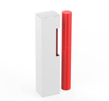 Beyaz arka planda paket kutusu olan özel Mascara Kaş Kalemi. 3d illüstrasyon